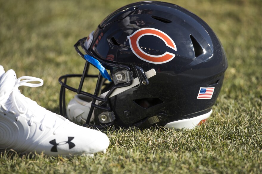 Chicago Bears helmet on the field before the Green Bay Packers, Sunday, Dec. 16, 2018 in Chicago.