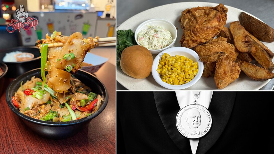 (Clockwise from left) SapSap at the 3rd Street Market Hall, the broasted chicken from Wendt's On The Lake in Van Dyne, and a James Beard Award.