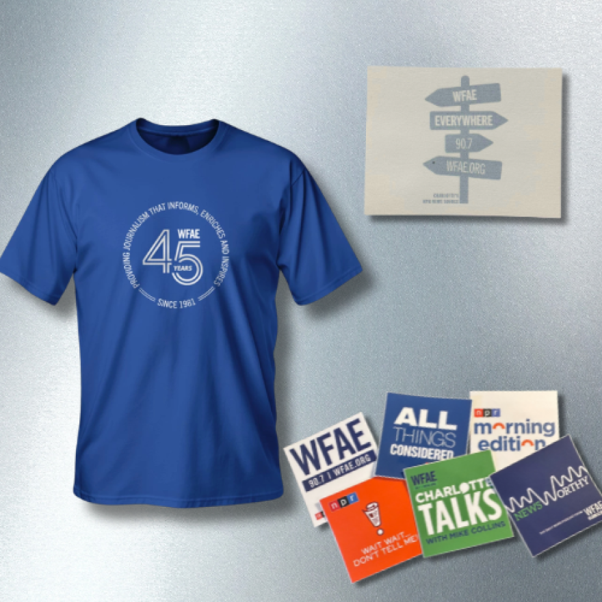 WFAE Thank you gifts: Limited Edition 45th anniversary T-Shirt, "WFAE Everywhere" notepad, and sticker pack