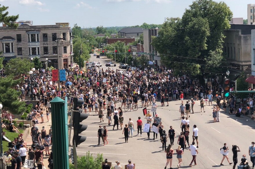 Protesters arrive in downtown Bloomington during a rally on June 5th, 2020.