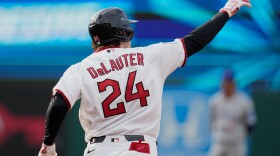 Cleveland Guardians' Chase DeLauter (24) celebrates his home run in the seventh inning of a baseball game against the Chicago Cubs in Cleveland, Friday, April 3, 2026. 