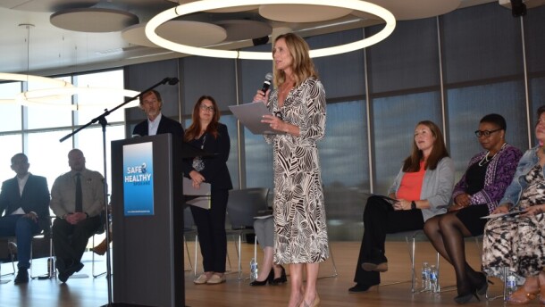 Charlotte Nemec from Canopy Credit Union speaks at a press conference announcing the formation of Spokane's Safe and Healthy Task Force in October 2025.