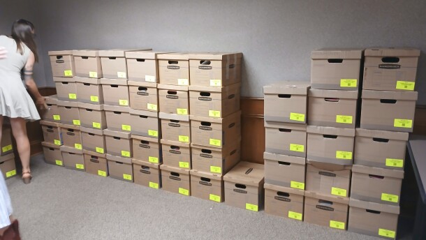 Boxes of signatures in the state capitol basement.