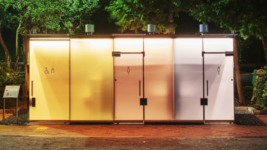 The glass walls of Ban's new public bathrooms turn opaque when people enter and lock the door.