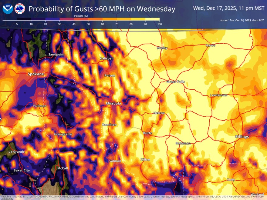 A weather forecast map shows a 90 to 100% probability of wind gusts greater than 60 mph in nearly all of western and north-central Montana on Wednesday, December 17, 2025.