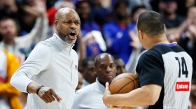Orlando Magic head coach Jamahl Mosley shouts at referee Curtis Blair (74) during the second half in Game 5 of a first-round NBA basketball playoffs series against the Detroit Pistons on April 29 in Detroit.