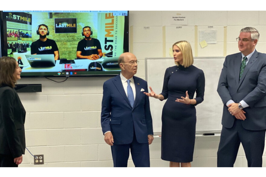 Adivisor to the President Ivanka Tump (second to the right) speaks with the Last Mile founder Beverly Parenti (far left). Trump is joined by Secretary of Commerce Wilbur Ross and Gov. Eric Holcomb (far right).