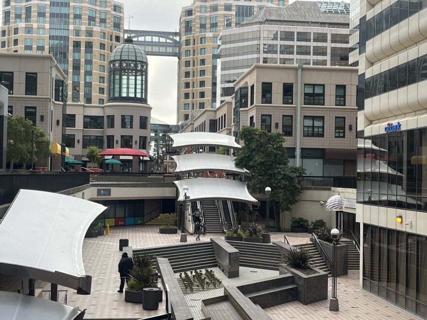 Oakland City Center near the 12th Street BART station. Lots of room for restaurants, shops, and offices, but it's pretty empty. 