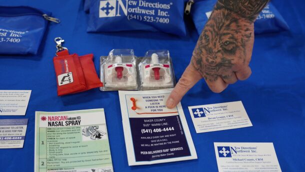 Free narcan kits that reverse fentanyl overdoses are offered at a health fair in Baker City on Oct. 22, 2024.