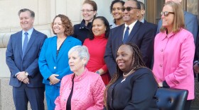 Hamilton County Common Pleas Court Judge Sanders and Ohio Supreme Court Chief Justice Maureen O'Connor in front of the Hamilton County Courthouse for the announcement of a $2.7 million federal grant for the Hamilton County Drug Treatment and Recovery Court.