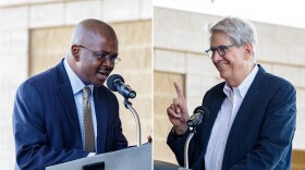 Bloomington Mayor Mboka Mwilambwe, left, and Normal Mayor Chris Koos appeared at a McLean County Chamber of Commerce event on Tuesday, Dec. 7, 2021.