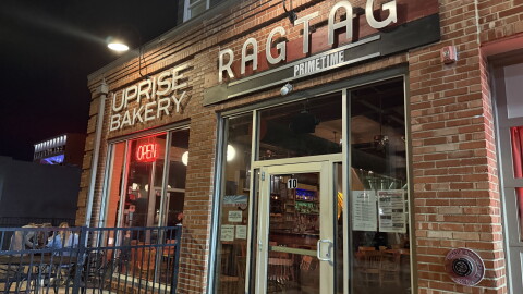 The red brick exterior of Columbia movie theater Ragtag Cinema and its associated bakery, Uprise.