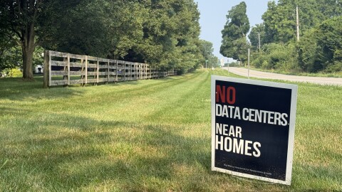 An anti-data center sign in Galena in 2026.