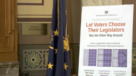 A poster set outside the Senate chambers by Democrats in early 2021.