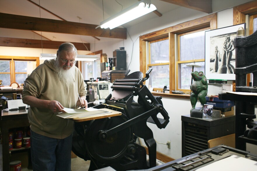 Gray Zeitz at his 1915 Chandler & Price printing press.