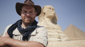 Josh Gates, host of Discovery's "Expedition Unknown," in front of the Sphinx in Giza, Egypt. (Courtesy of Discovery)