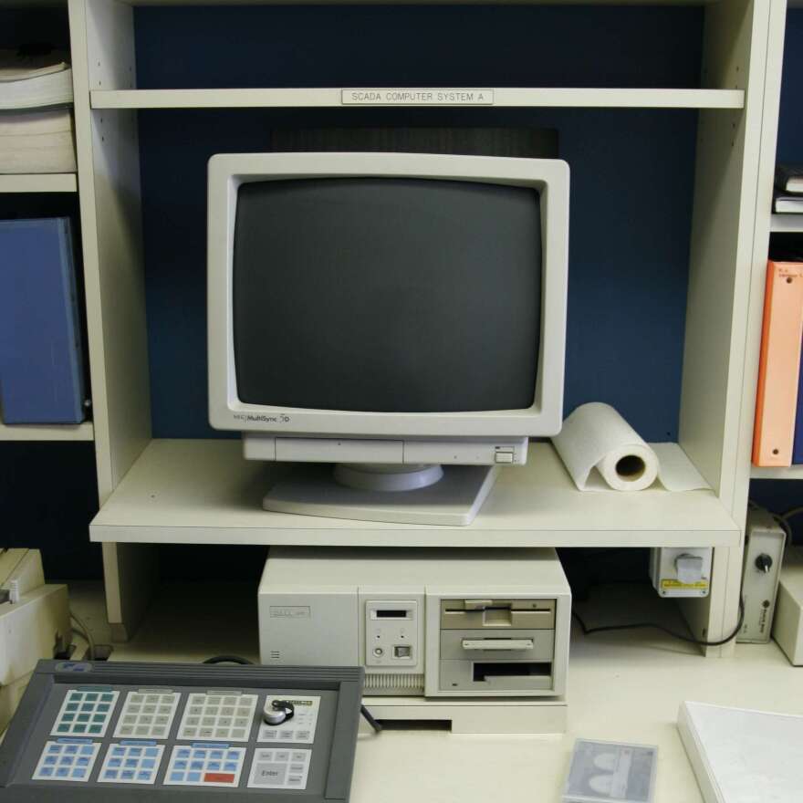 A computer from the 1990s, among the technology that will have to be updated at Santa Barbara's desalination plant, sits in the facility's control room.