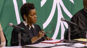 Illinois Supreme Court Justice Lisa Holder White asks questions at the court's remote oral arguments held on the campus of Chicago State University on May 11.