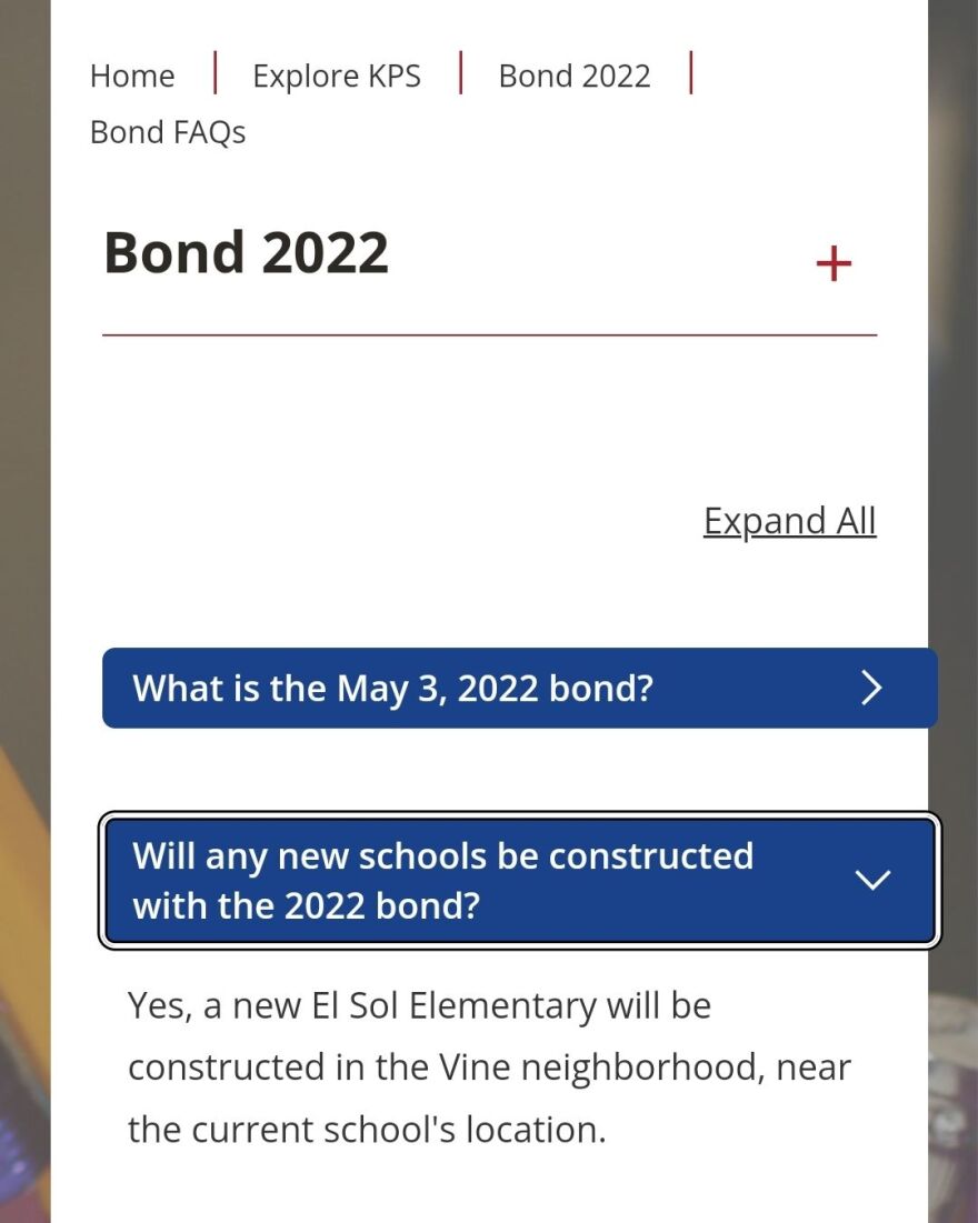 The screenshot of a white page reads "Bond 2022," with two frequently asked questions seen below. One question asks if any new schools will be constructed with the 2022 bond, with the answer saying that a new El Sol Elementary will be built in the Vine Neighborhood.