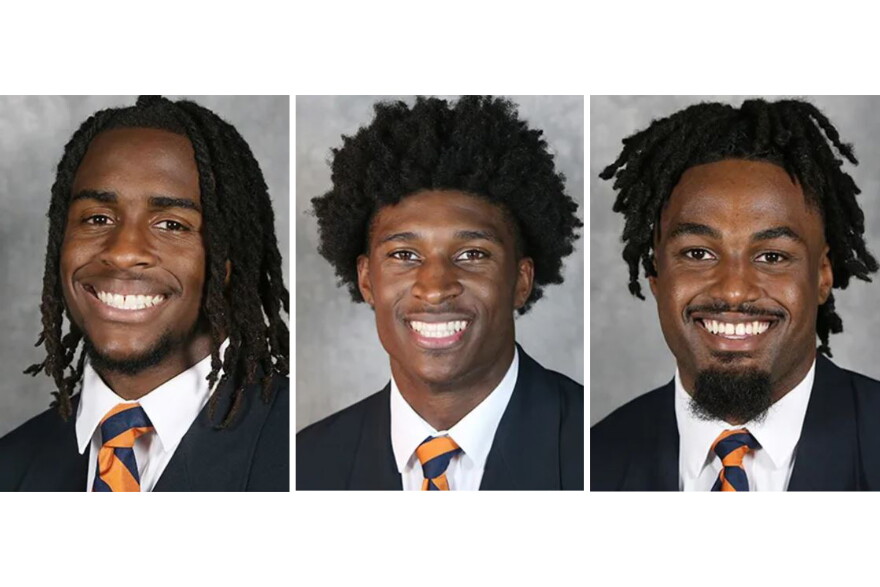 The three students who were killed on campus Sunday night, from left, are Devin Chandler, a second-year from Virginia Beach; Lavel Davis, a third-year student from Ridgeville, South Carolina; and D'Sean Perry, a fourth-year student from Miami, Florida. All three were on the football team.
