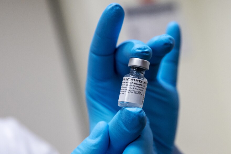 A vial of the COVID-19 vaccine, Walter Reed National Military Medical Center, Bethesda, Md., Dec. 14, 2020.