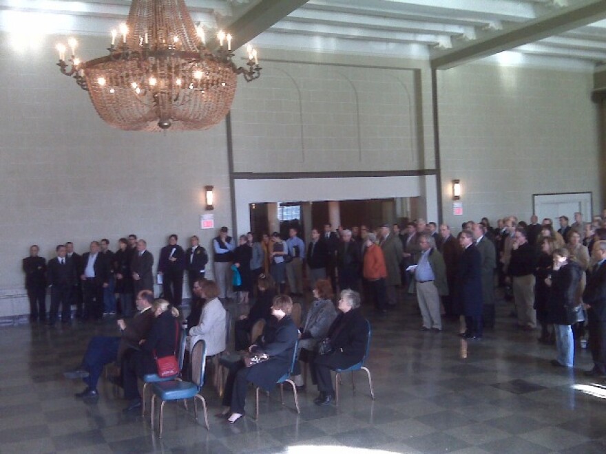 Community leaders gather in the Terrace Room to hear presentation on Statler's future