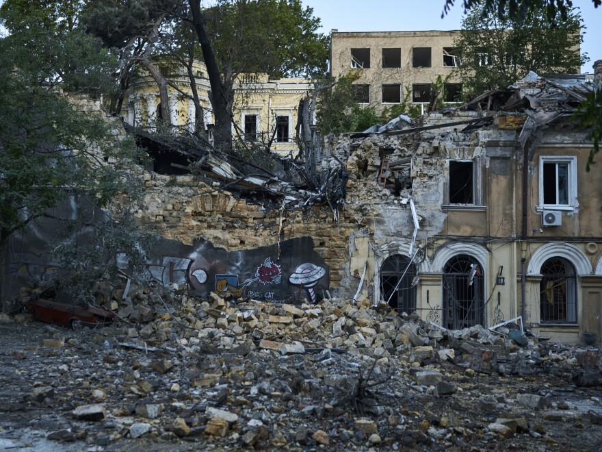 A building is seen heavily damaged following Russian missile attacks in Odesa, Ukraine, Sunday, July 23, 2023.