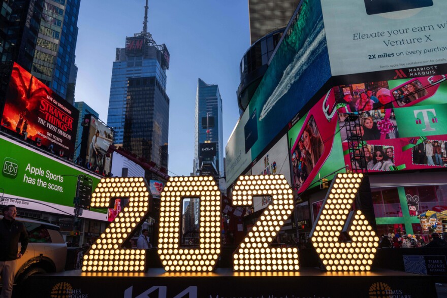 The 7-foot tall "2026" numerals are displayed at an illumination ceremony in Times Square in New York on Dec. 18, 2025.