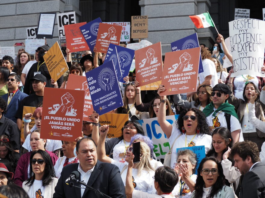 Alex Sánchez, CEO of Voces Unidos, speaks during Latino Advocacy Day on March 17, 2025 at the Colorado Capitol.