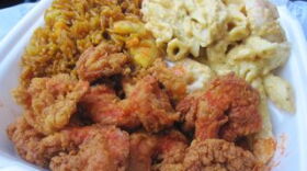 A bulging plate lunch from one of the quick-serve joints surrounding Orleans Parish Criminal District Court.