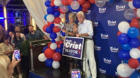 Man and woman at podium, surrounded by red, white and blue balloons