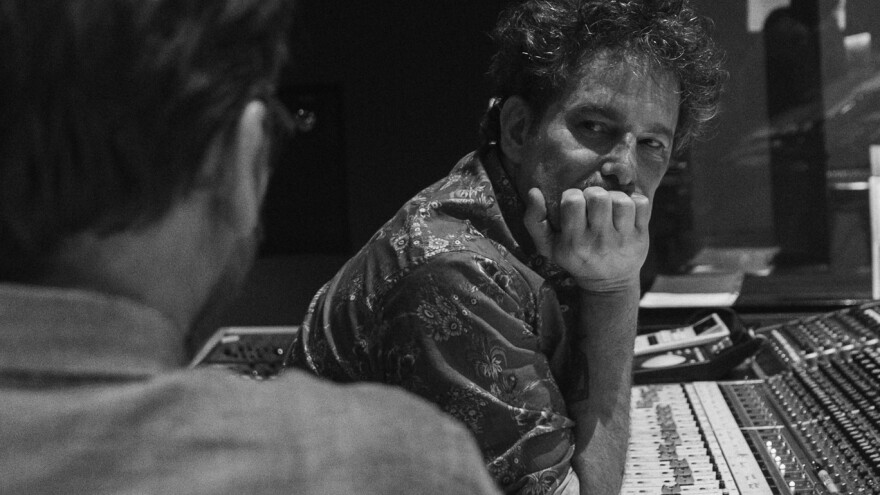 Argentine rocker Andrés Calamaro in the studio recording his latest album, <em>Cargar La Suerte.</em>