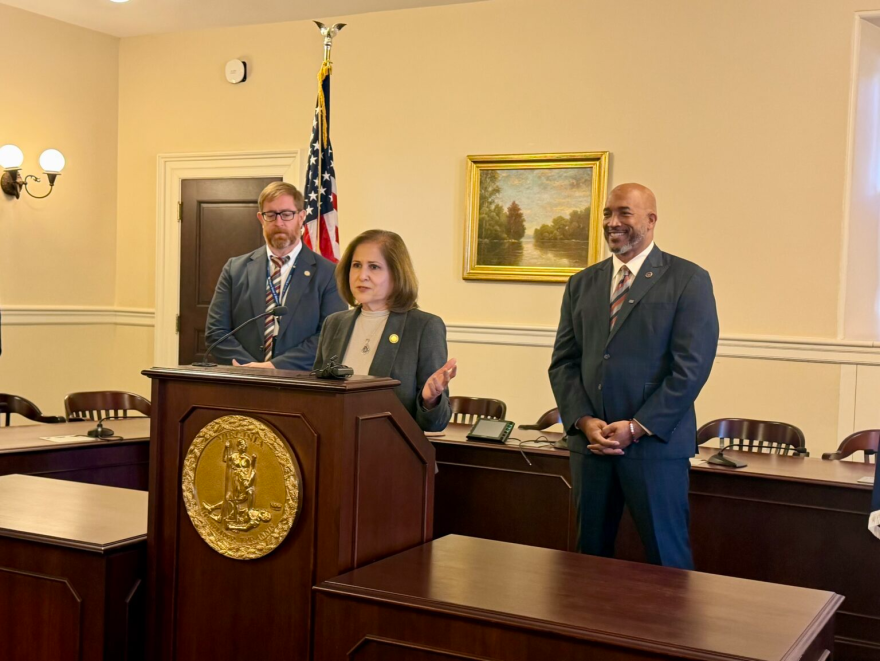 Lt. Gov. Hashmi is joined by two lawmakers in Richmond, VA on Oct. 6 2026 for a press conference announcing she is opposing the merger of Dominion Energy and NextEra Energy.