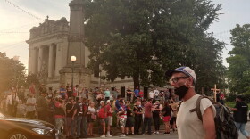 The incidents occurred shortly after counter-protesters arrived at the event being held outside the Monroe County Courthouse in downtown Bloomington.