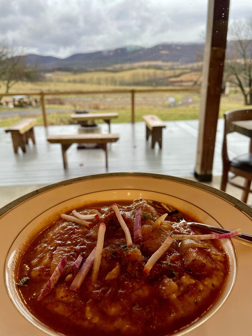 One of the dishes made during the class on induction cooktops at RE Farm Café. In the distance are the farm where the restaurant grows much of its food and the mountains beyond.