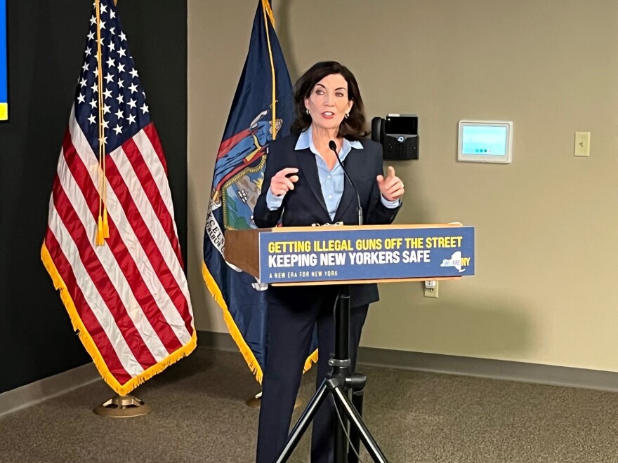  NY Gov. Kathy Hochul speaks with reporters at the New York State Inteeligence Center in East Greenbush, May 25, 2022