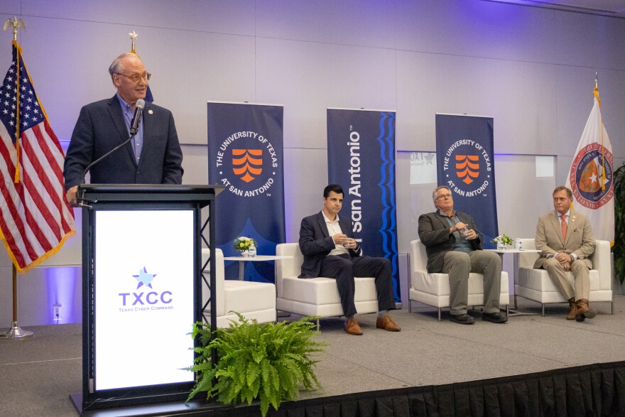UT-San Antonio President Taylor Eighmy speaks at the reception for the collaboration between UT-San Antonio and Texas Cyber Command on Oct. 20, 2025