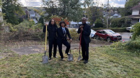 Curtis Wiltshire, left, COO of the Afree Foundation, Rashida Lovely, CEO of the Afree Foundation; and Damario Bonner, executive director of Nepa Pac, ceremonially break ground on the Welby Court Project in South Scranton.