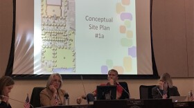 A city council dais and a map of the proposed Bloomington Library expansion.