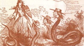 A female figure personifying the Union, wearing a classical dress and a radiated crown, stands on the left, holding a shield bearing the word "UNION" and a sword. She confronts three large snakes with human heads wearing hats, which represent the "Copperheads" or Peace Democrats, a faction of the Democratic Party in the Union who opposed the American Civil War.