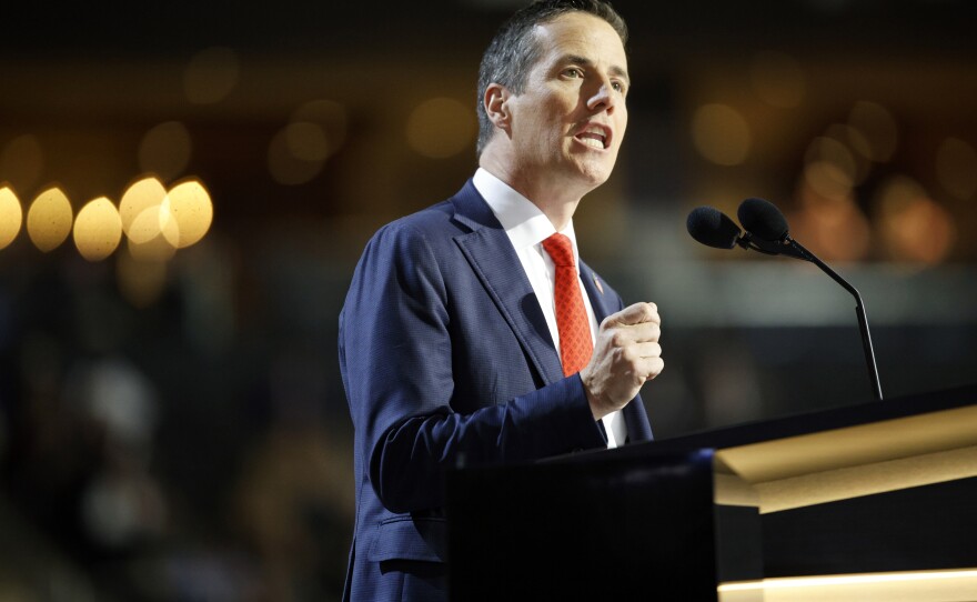 Jim Banks speaks to the crowd during the session at the Fiserv Forum for the Republican National Convention in Milwaukee, Wis., Tuesday, July 17, 2024. (Ashleigh Lucas/WUFT News)