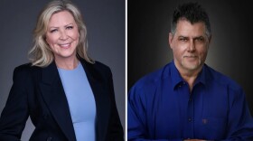 A composite image with a woman on the left side and a man on the right.