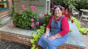 Kentucky author Doris Settles in the garden of the Erlanger Branch of the Kenton County Public Library
