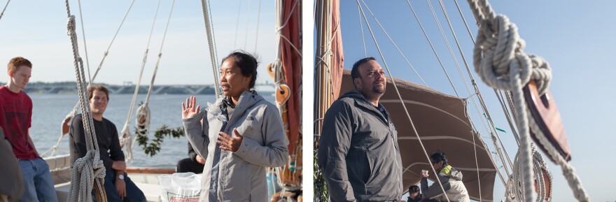 Left: Apprentice navigator Kala Tanaka (right) talks to students from the Alexandria Seaport Foundation about how the boat is navigated, during one of many educational tours offered while the boat is in port. Right: Na'alehu Anthony took leave from his job as chief executive of a television company to train for and join the voyage.