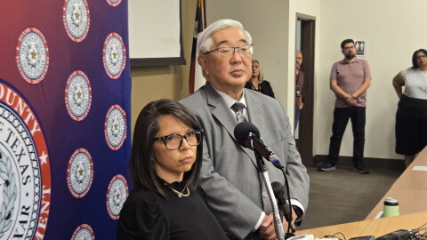 Bexar County Elections Administrator Michele Carew and Bexar County Peter Sakai took questions from reporters about the voter registration backlog during a news conference at county elections headquarters on Sept. 29, 2025.