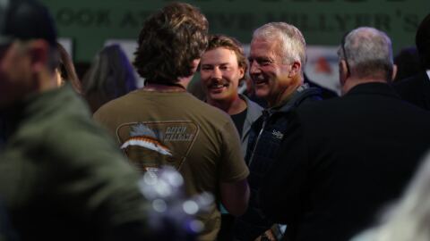 U.S. Sen. Dan Sullivan arrived at his election watch party at the Alaska Aviation Museum in Anchorage the evening of Tuesday, Aug. 18, 2026.