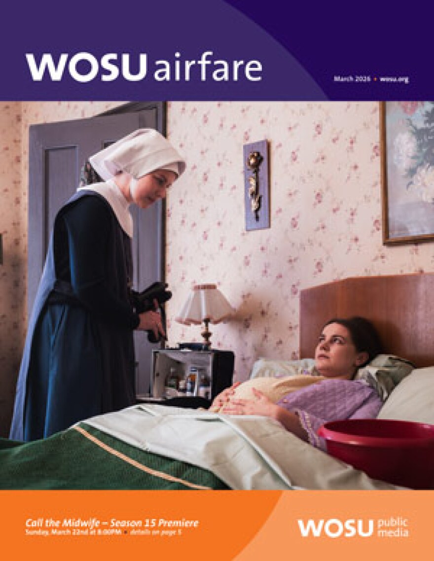 Airfare March 2026 cover featuring a scene from the TV series "Call the Midwife." One person dressed in a nun's habit stands beside a bed, speaking to another person lying in the bed. The setting appears to be a modest bedroom with vintage decor. The top of the image includes the "WOSU airfare" logo and details about the show's premiere.