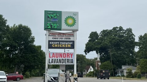 A gas station sign in Southside Richmond shows gas prices nearly at $4.50 a gallon, above the state-wide average.