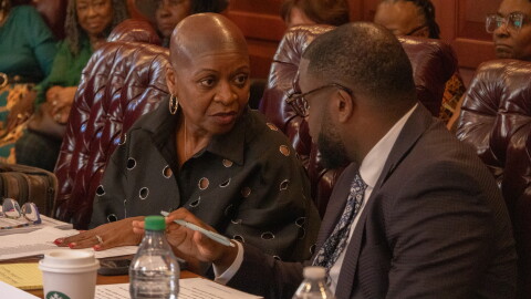 Darlene Dunmeyer-Roberson (left) and attorney state Rep. Kambrell Garvin (right) speak at Monday's hearing in a conference room on the Statehouse grounds.