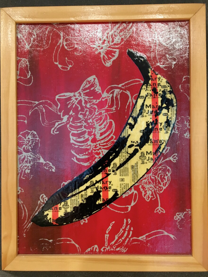 "Mary Jane's Bones & Bows." Mary Jane wrappers with ink and acrylic screen print on canvas. Artwork by Sean Brown. 2012.